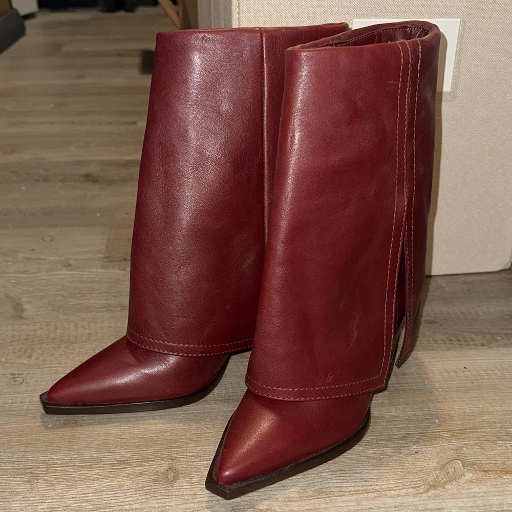 NWOB Burgundy Leather Slouchy Ankle Heeled Boots Pointed Toe